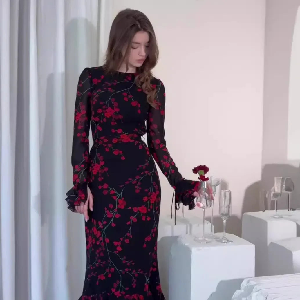 Women's Evening Dresses Summer New Printed French Floral Slim-fitting